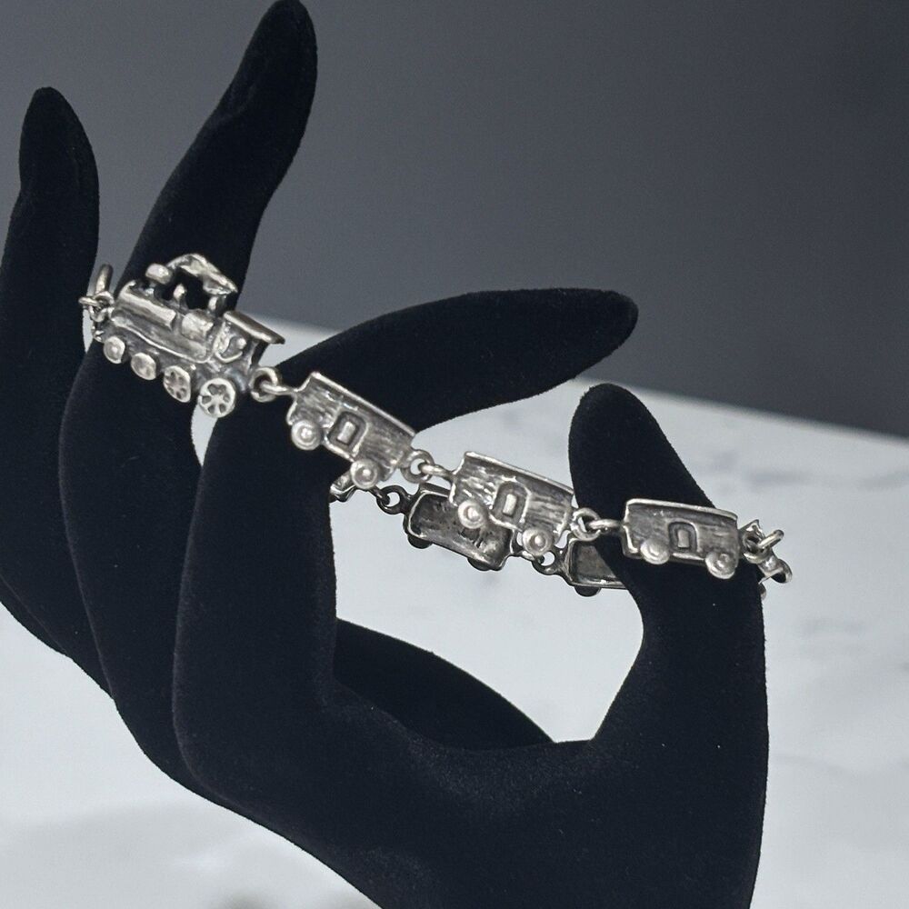 Vintage Sterling Silver Train Bracelet Railroad Locomotive 925 Mexico 7.5" - Picture 2 of 13
